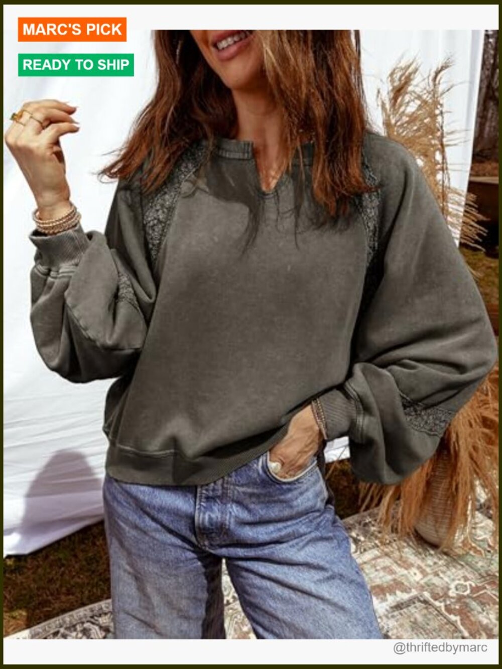 Cropped Lace Sweatshirt Long Sleeve Notch Neck Pullover Casual Fall Top - Picture 3 of 6